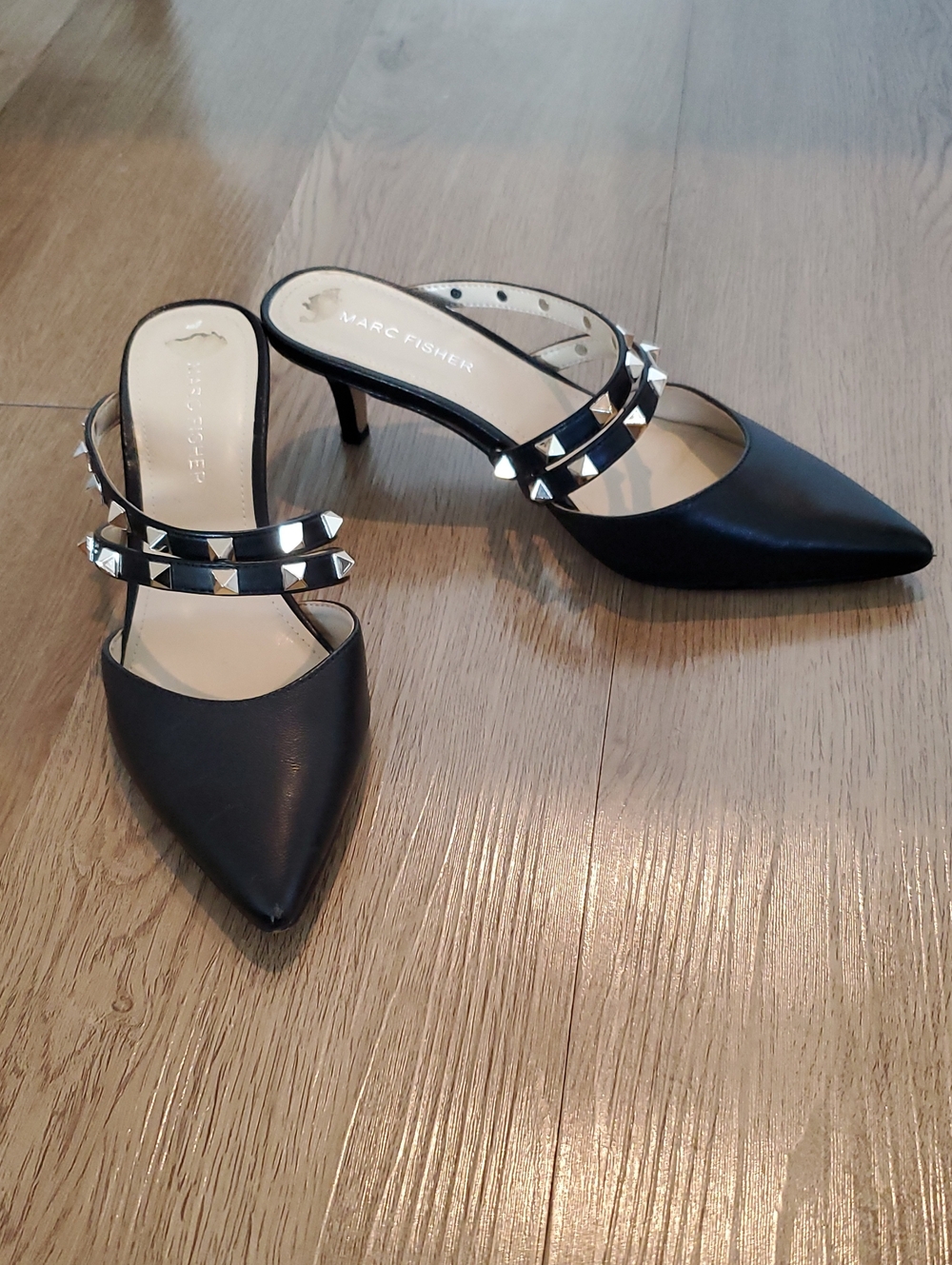 Marc Fisher Black Pointed-Toe Studded Mule Heels